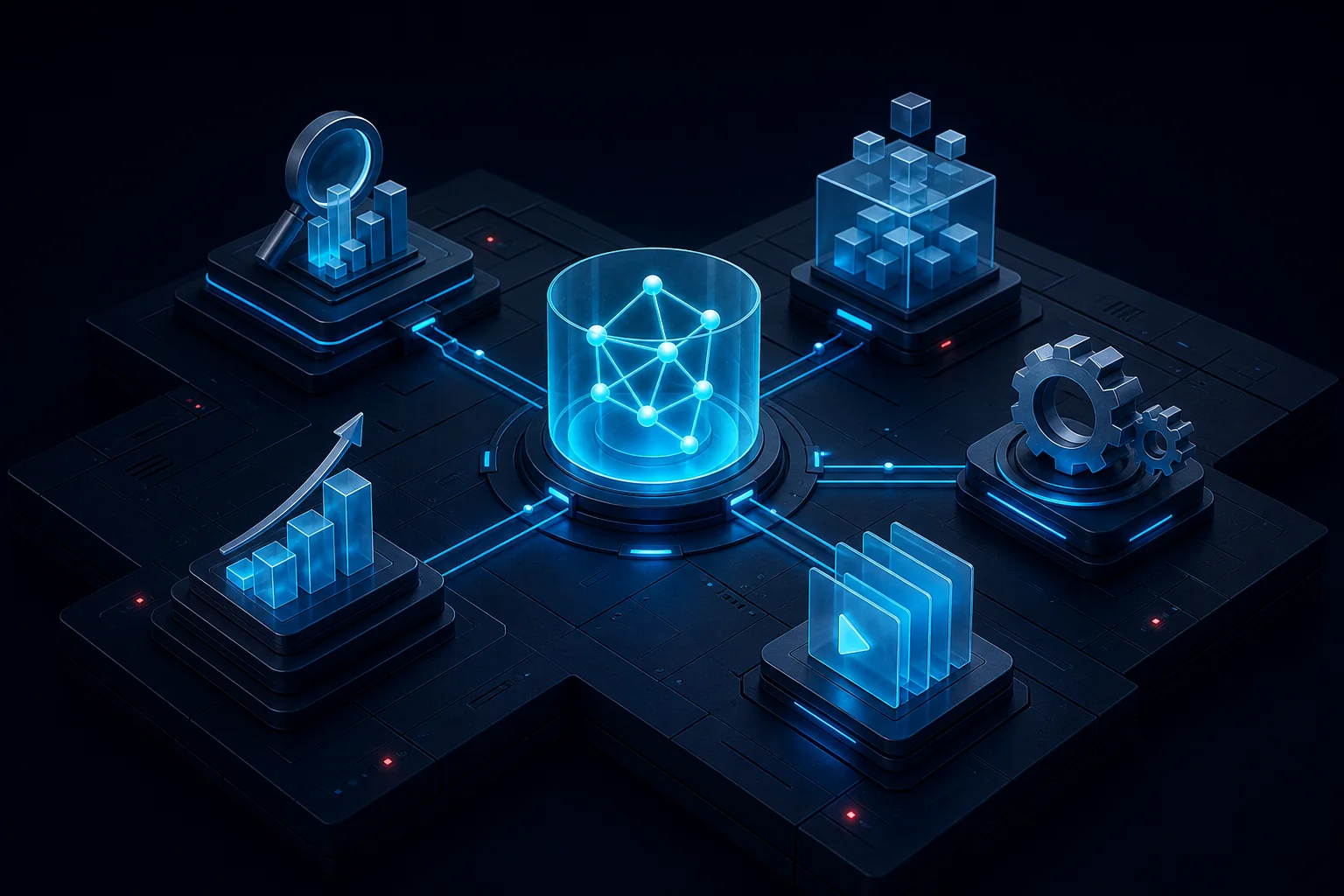 A dark 3D AI system connecting research, coding, automation, content, and growth